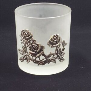 Vintage Votive Candle Holder Frosted Glass with Pewter Roses Design Decorative
